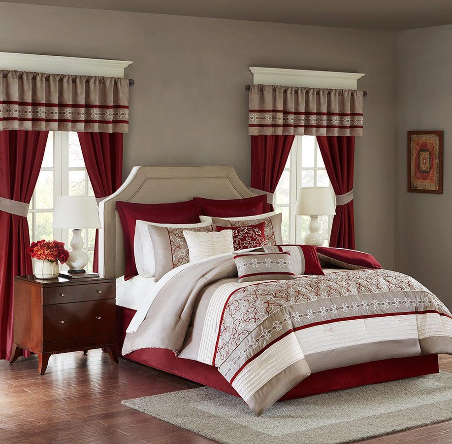 Red Gray Grey Embroidered Medallion 14 pc Comforter Set Full Queen King Bed  Bag