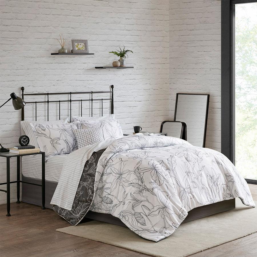 Shop Lilia Transitional Reversible Complete bedding set with Cotton Sheet  White, Charcoal, Comforters & Blankets