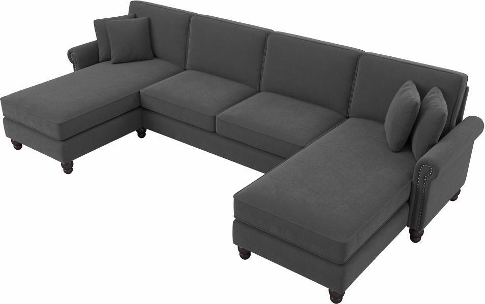 131W Sectional Couch with Double Chaise Lounge Charcoal Gray Herringbone  Fabric AO