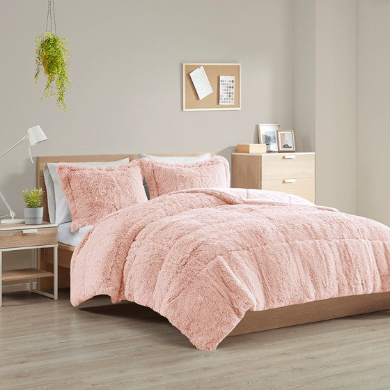 Shop Shaggy Long Fur Comforter Mini Set Blush Comforters