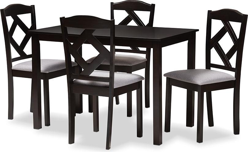 Ruth Contemporary Brown Finished and Grey Fabric Upholstered 5 Piece Dining Set