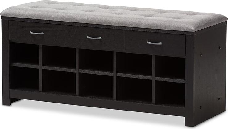 Contemporary Espresso Finished Grey Fabric Upholstered Cushioned Entryway Bench