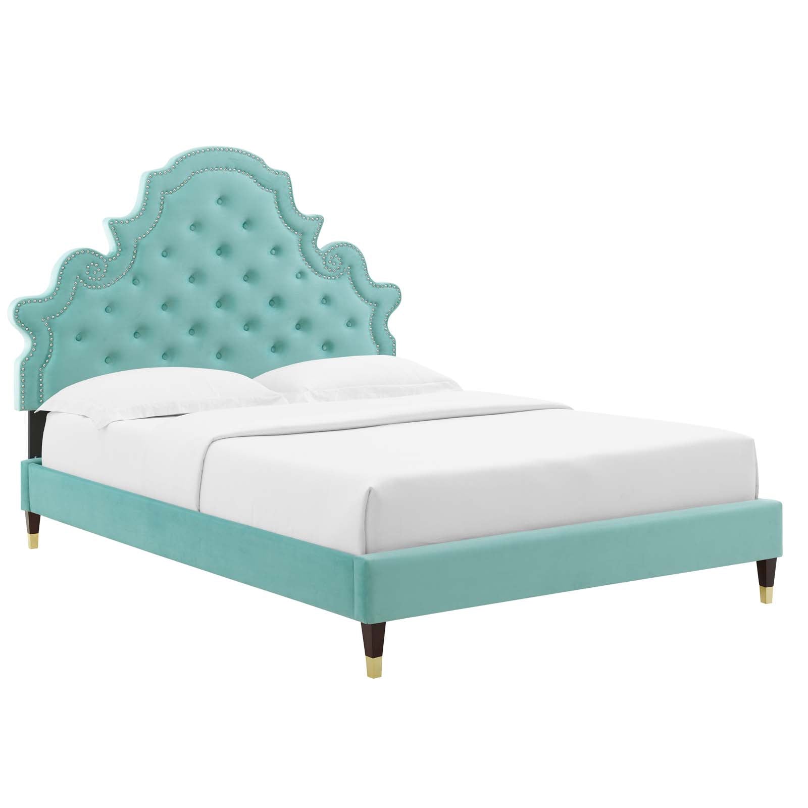 Gwyneth Tufted Velvet Queen Platform Bed Mint Buy Now