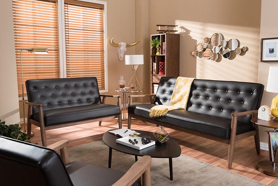 Sorrento Mid Century Retro Modern Brown Faux Leather Upholstered Wooden 3 Piece Living Room Set