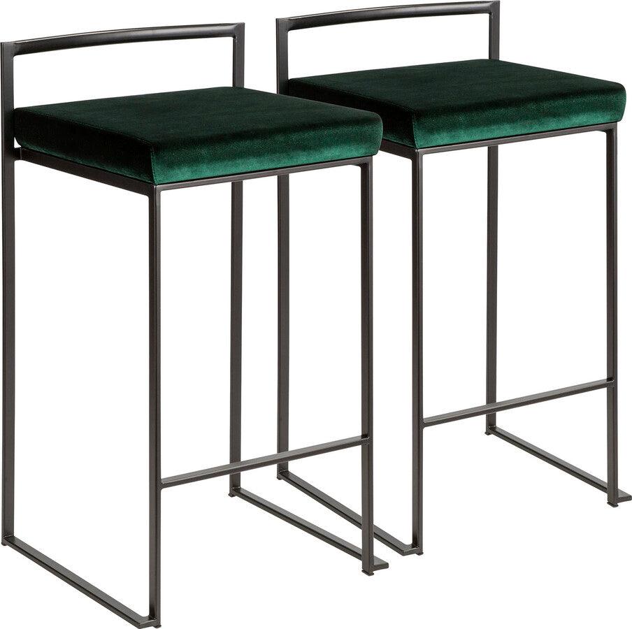 Fuji Contemporary Stackable Counter Stool in Black with Green Velvet Cushion Set of 2