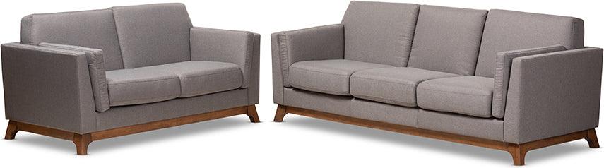 Sava Mid Century Modern Gray Fabric Upholstered Walnut Wood 2 Piece Living Room Set