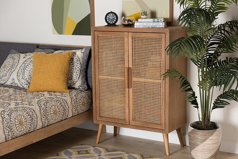 Alina Mid Century Modern Medium Oak Finished Wood and Rattan 2 Door Ac