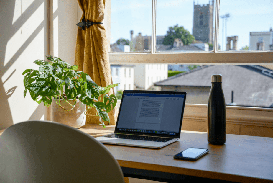 A workstation with a laptop and a potted plant overlooking the city