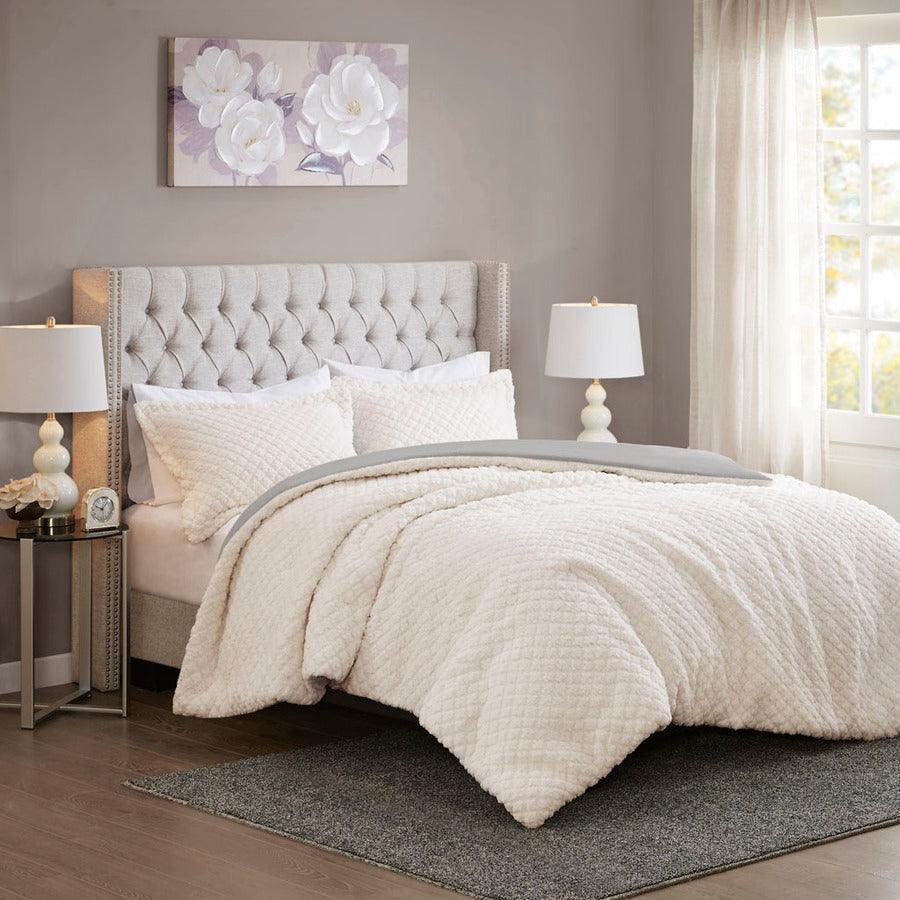 Olliix.com Comforters & Blankets - Adler 90"x90" Reversible Textured Sherpa Full/Queen Comforter Set Ivory