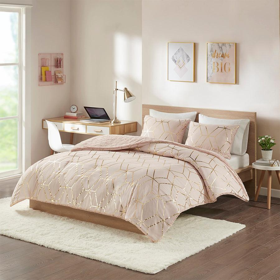 Olliix.com Comforters & Blankets - Ainsley King Metallic Print Reversible Comforter Set Blush