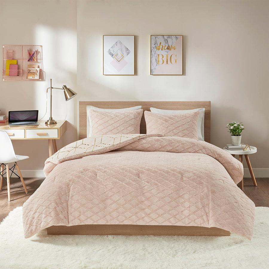 Olliix.com Comforters & Blankets - Ainsley King Metallic Print Reversible Comforter Set Blush