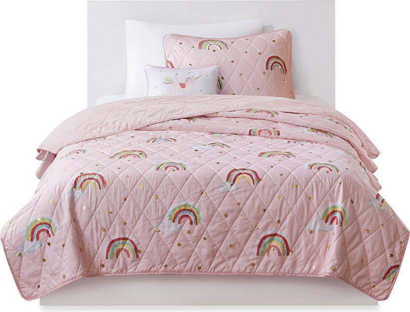 Olliix.com Comforters & Blankets - Alicia Full/Queen Rainbow with Metallic Printed Stars Reversible Coverlet Set Pink