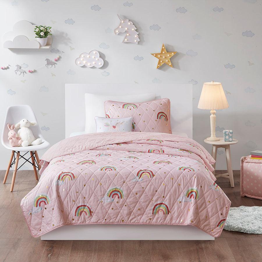 Olliix.com Comforters & Blankets - Alicia Full/Queen Rainbow with Metallic Printed Stars Reversible Coverlet Set Pink