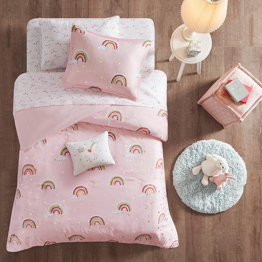 Olliix.com Comforters & Blankets - Alicia Rainbow Metallic Printed Stars Complete Bed and Sheet Set Pink Full