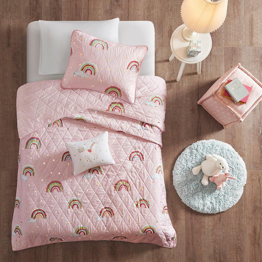 Olliix.com Comforters & Blankets - Alicia Twin Rainbow with Metallic Printed Stars Reversible Coverlet Set Pink