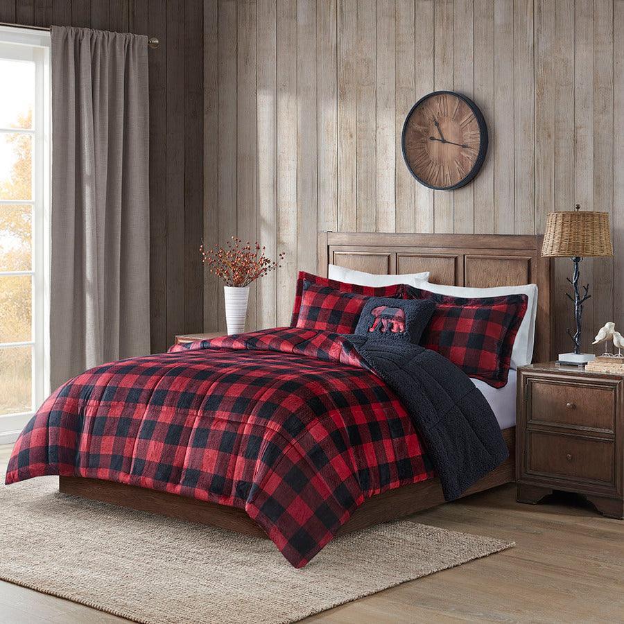 Olliix.com Comforters & Blankets - Alton Plush to Sherpa Down Alternative Comforter Set Red & Black Buffalo Check King