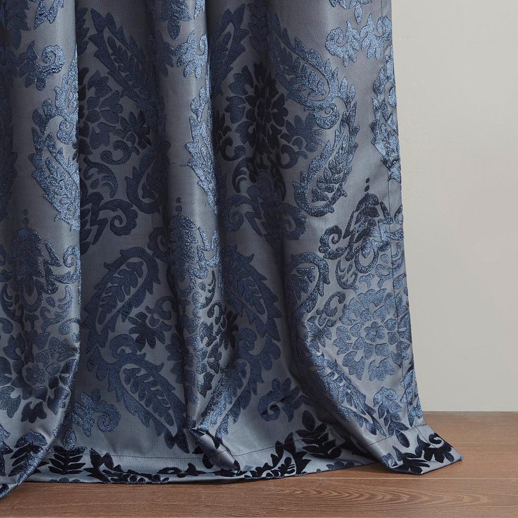 Olliix.com Curtains - Amelia 108 H Knitted Jacquard Paisley Total Blackout Grommet Top Curtain Panel Navy