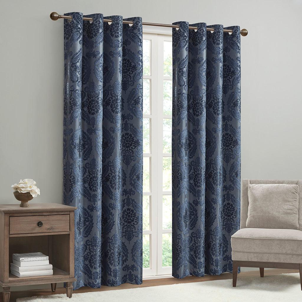 Olliix.com Curtains - Amelia 108 H Knitted Jacquard Paisley Total Blackout Grommet Top Curtain Panel Navy