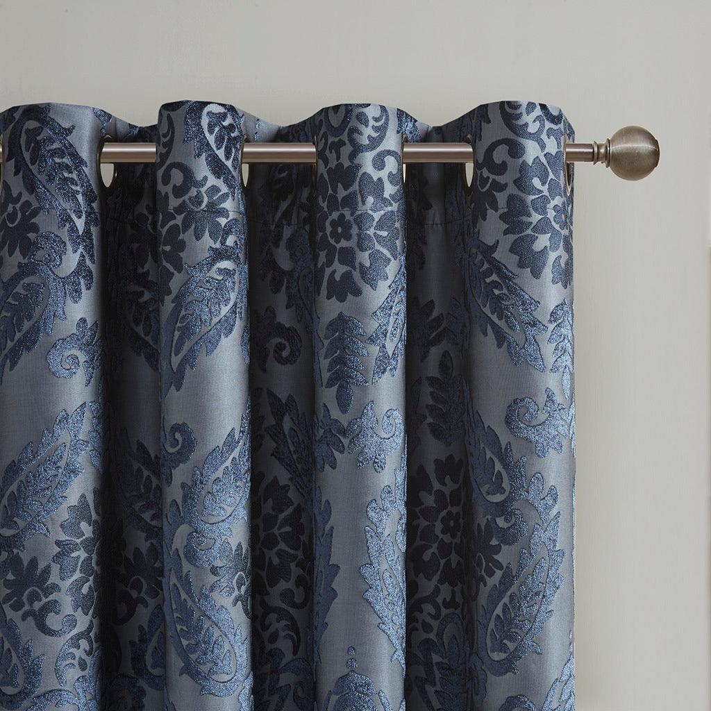 Olliix.com Curtains - Amelia 108 H Knitted Jacquard Paisley Total Blackout Grommet Top Curtain Panel Navy