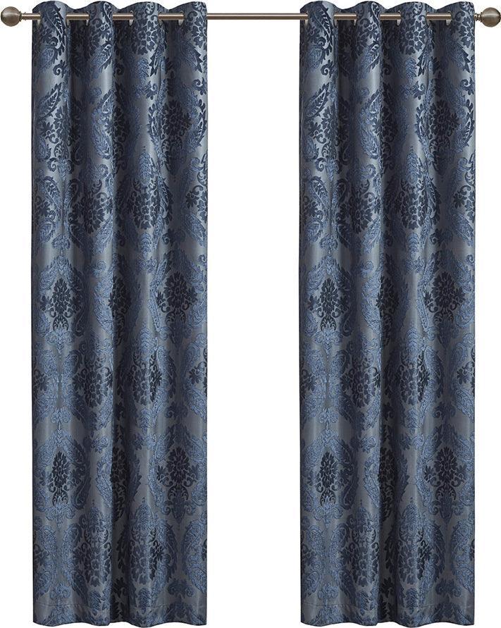 Olliix.com Curtains - Amelia 84 H Knitted Jacquard Paisley Total Blackout Grommet Top Curtain Panel Navy