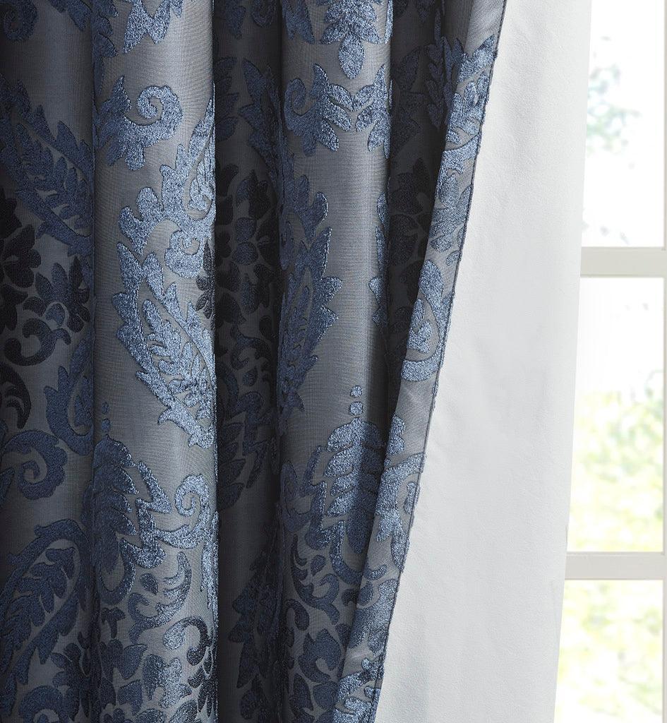 Olliix.com Curtains - Amelia 84 H Knitted Jacquard Paisley Total Blackout Grommet Top Curtain Panel Navy