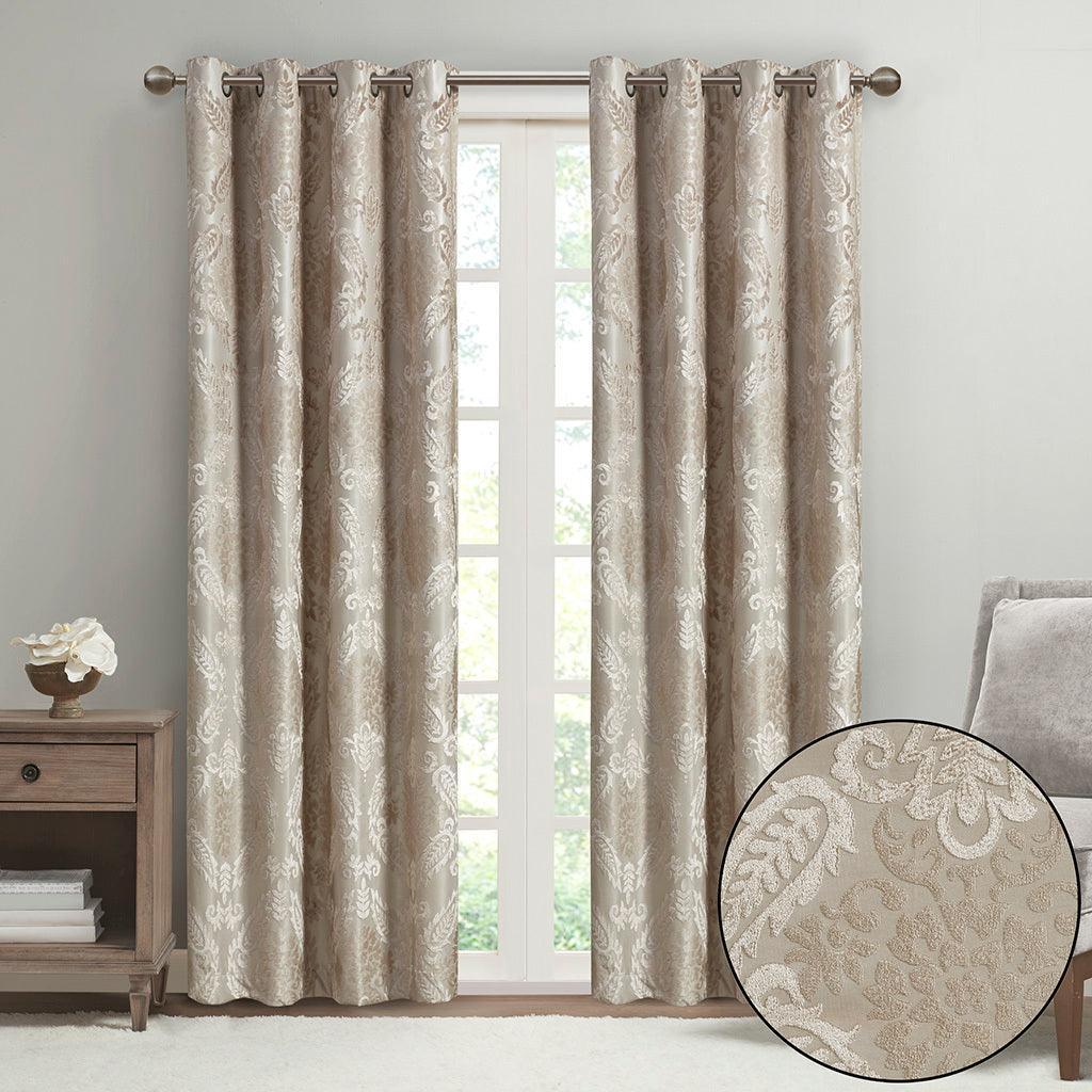 Olliix.com Curtains - Amelia 95 H Knitted Jacquard Paisley Total Blackout Grommet Top Curtain Panel Champagne