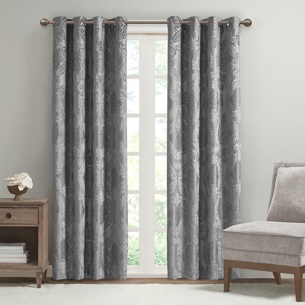 Olliix.com Curtains - Amelia 95 H Knitted Jacquard Paisley Total Blackout Grommet Top Curtain Panel Gray