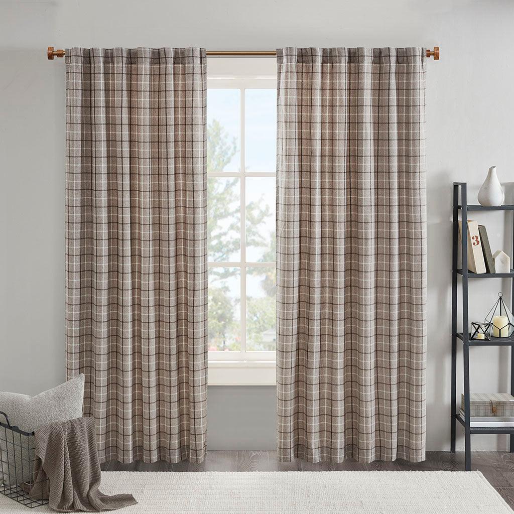 Olliix.com Curtains - Anaheim 95" Plaid Rod Pocket and Back Tab Panel with Fleece Lining Brown