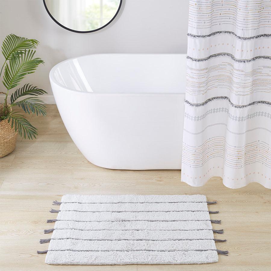 White and Beige Striped Bathroom Rug / Washable Striped 