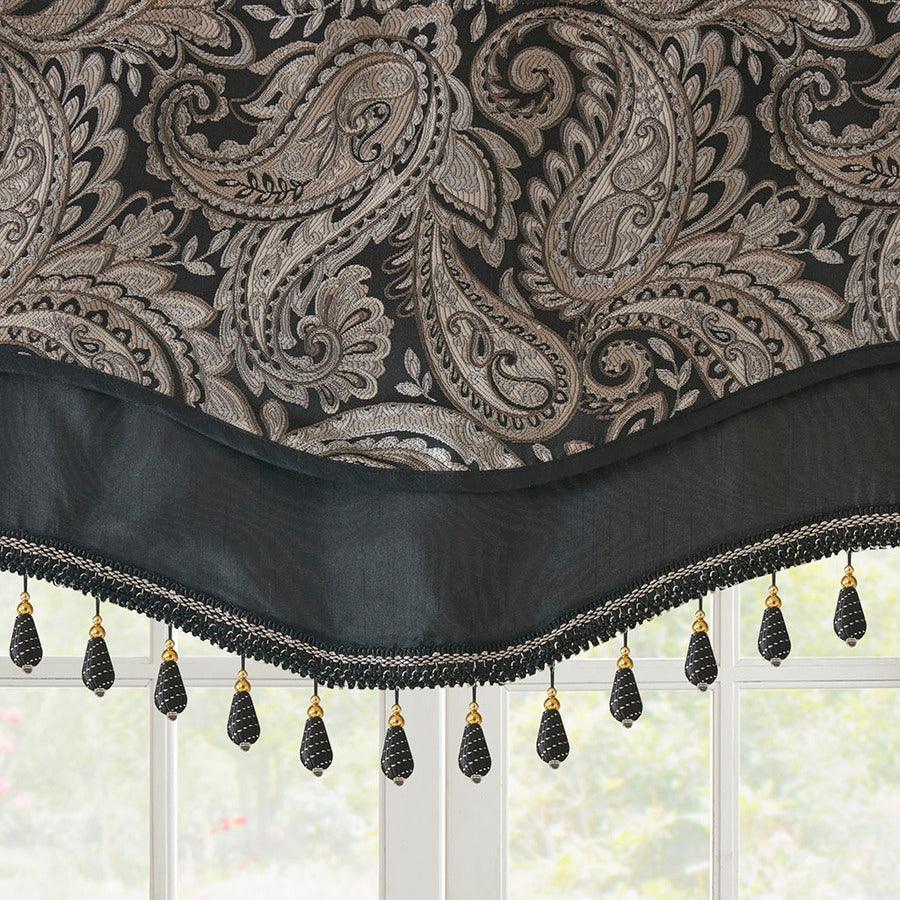 Shop Aubrey Traditional Jacquard Window Rod Pocket Valance With Beads 50W  x 18L Black, Curtains