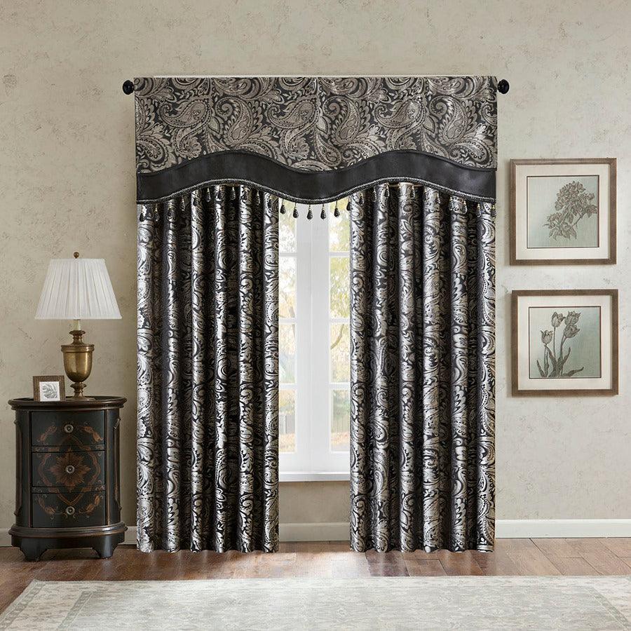 Shop Aubrey Traditional Jacquard Window Rod Pocket Valance With Beads 50W  x 18L Black, Curtains