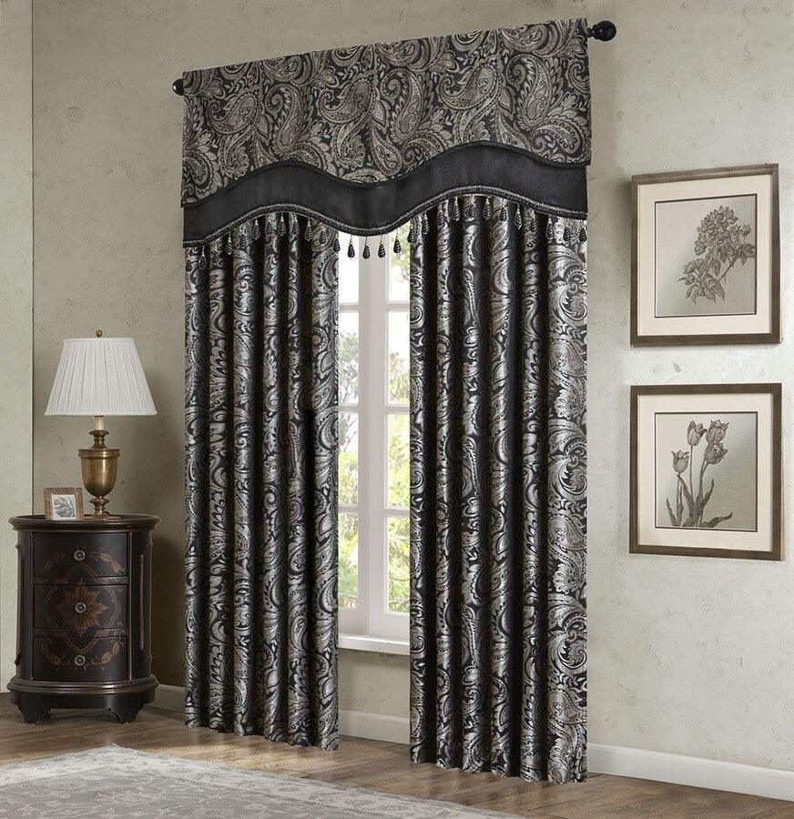 Olliix.com Curtains - Aubrey Traditional Jacquard Window Rod Pocket Valance With Beads 50"W x 18"L Black