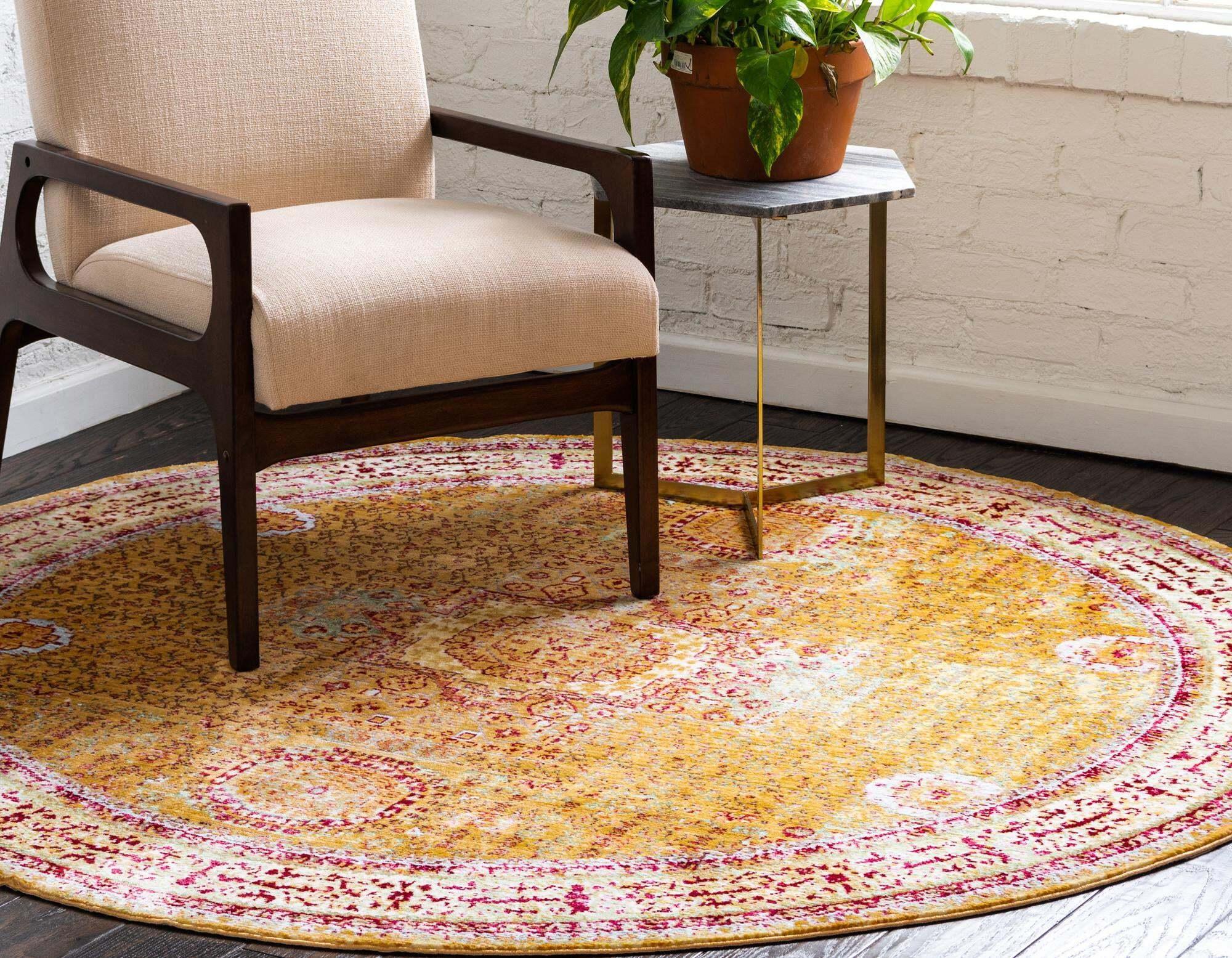 Unique Loom Indoor Rugs - Austin Border 6 Ft Round Rug Round Rug Gold & Burgundy