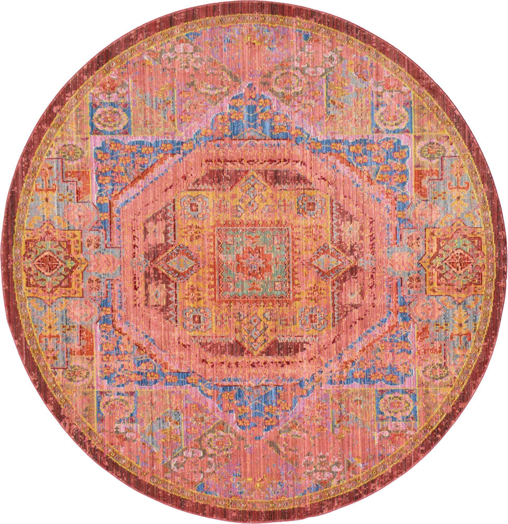 Unique Loom Indoor Rugs - Austin Border 6 Ft Round Rug Round Rug Peach & Blue