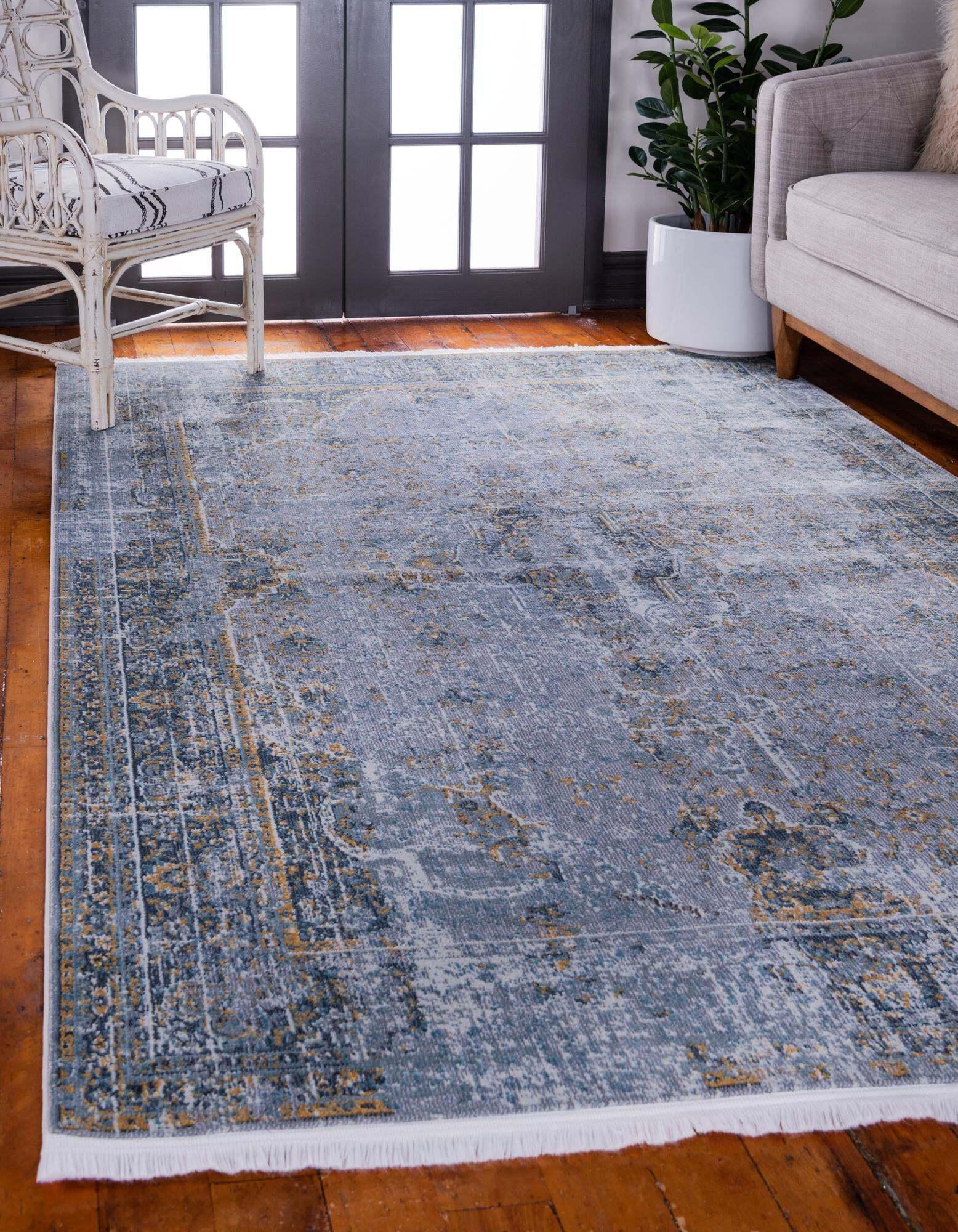 Unique Loom Indoor Rugs - Baracoa Border Rectangular 8x10 Rug Gray & Blue