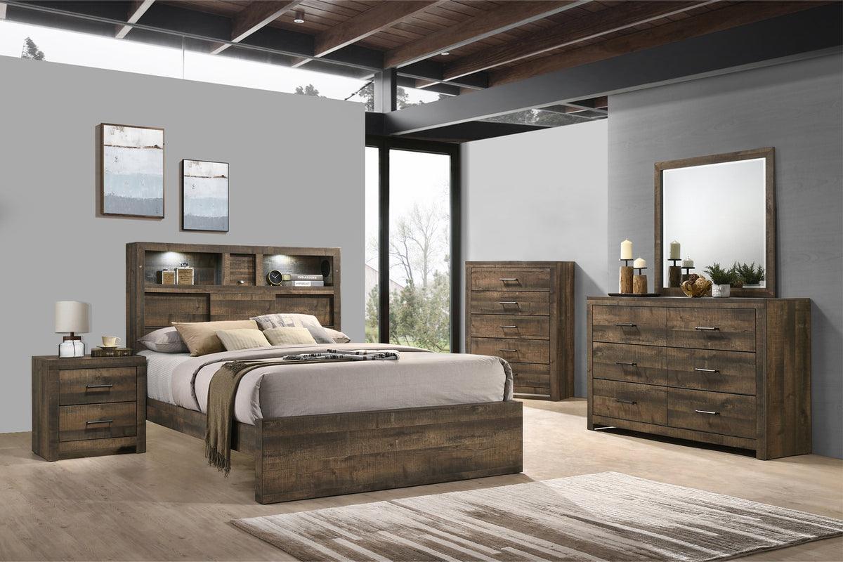 Elements Bedroom Sets - Beckett King Bookcase Panel 4PC Bedroom Set with Bluetooth Walnut