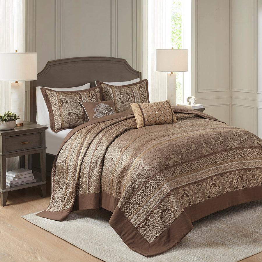 Olliix.com Comforters & Blankets - Bellagio Queen 5 Piece Reversible Jacquard Bedspread Set Brown & Gold