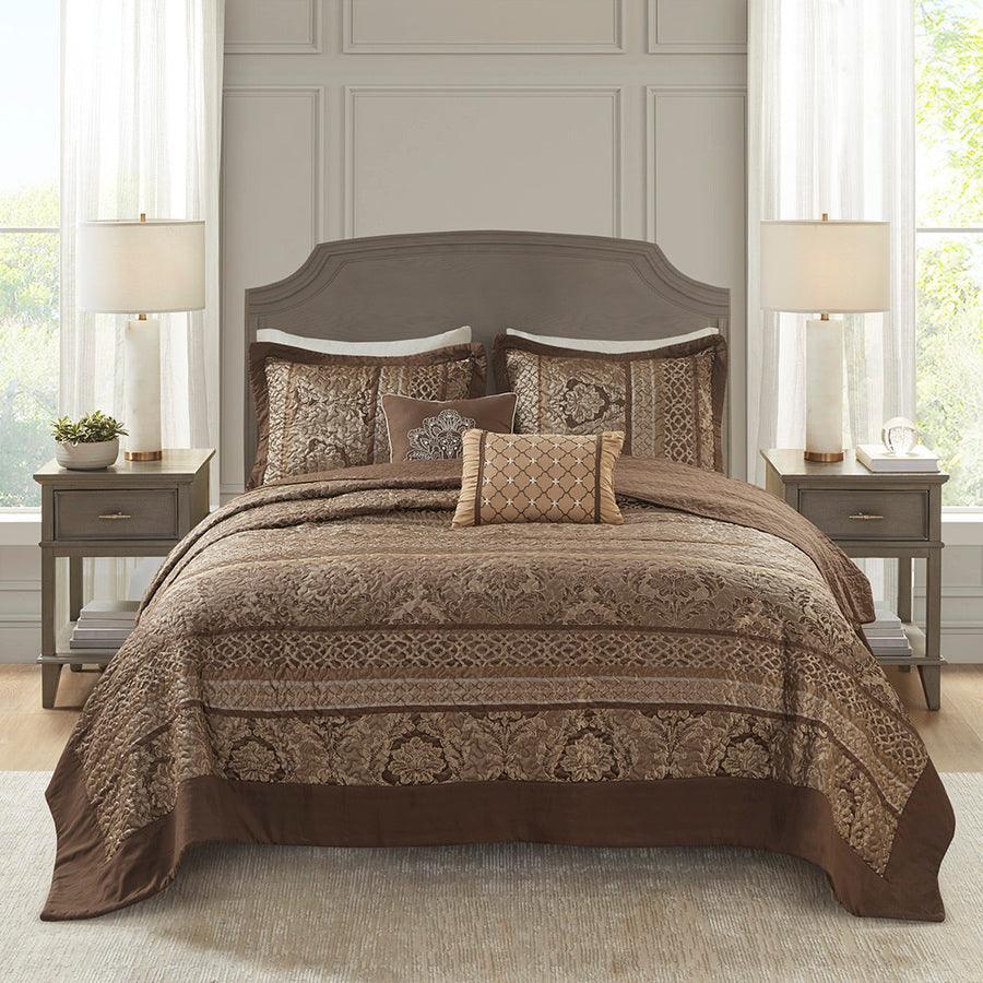 Olliix.com Comforters & Blankets - Bellagio Queen 5 Piece Reversible Jacquard Bedspread Set Brown & Gold