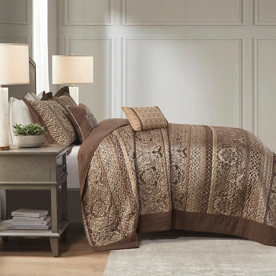 Olliix.com Comforters & Blankets - Bellagio Queen 5 Piece Reversible Jacquard Bedspread Set Brown & Gold