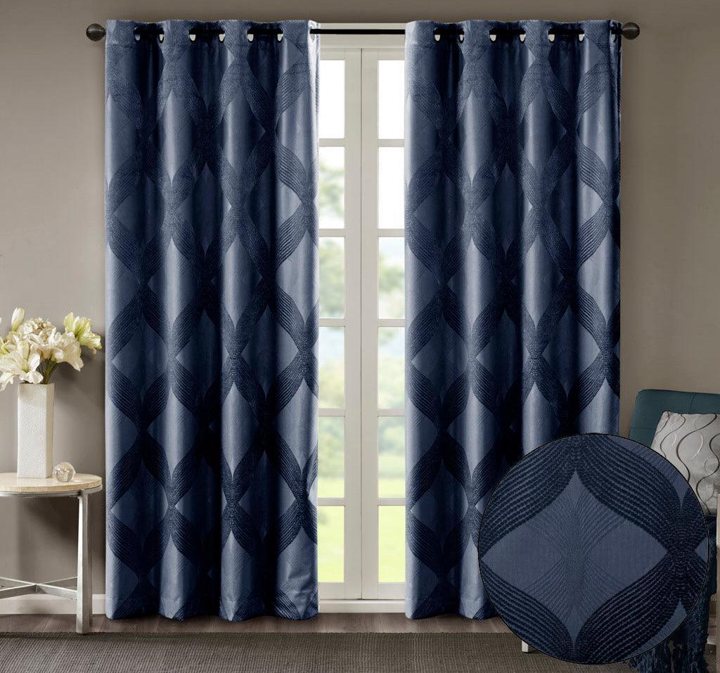 Olliix.com Curtains - Bentley 84 H Ogee Knitted Jacquard Total Blackout Panel Navy