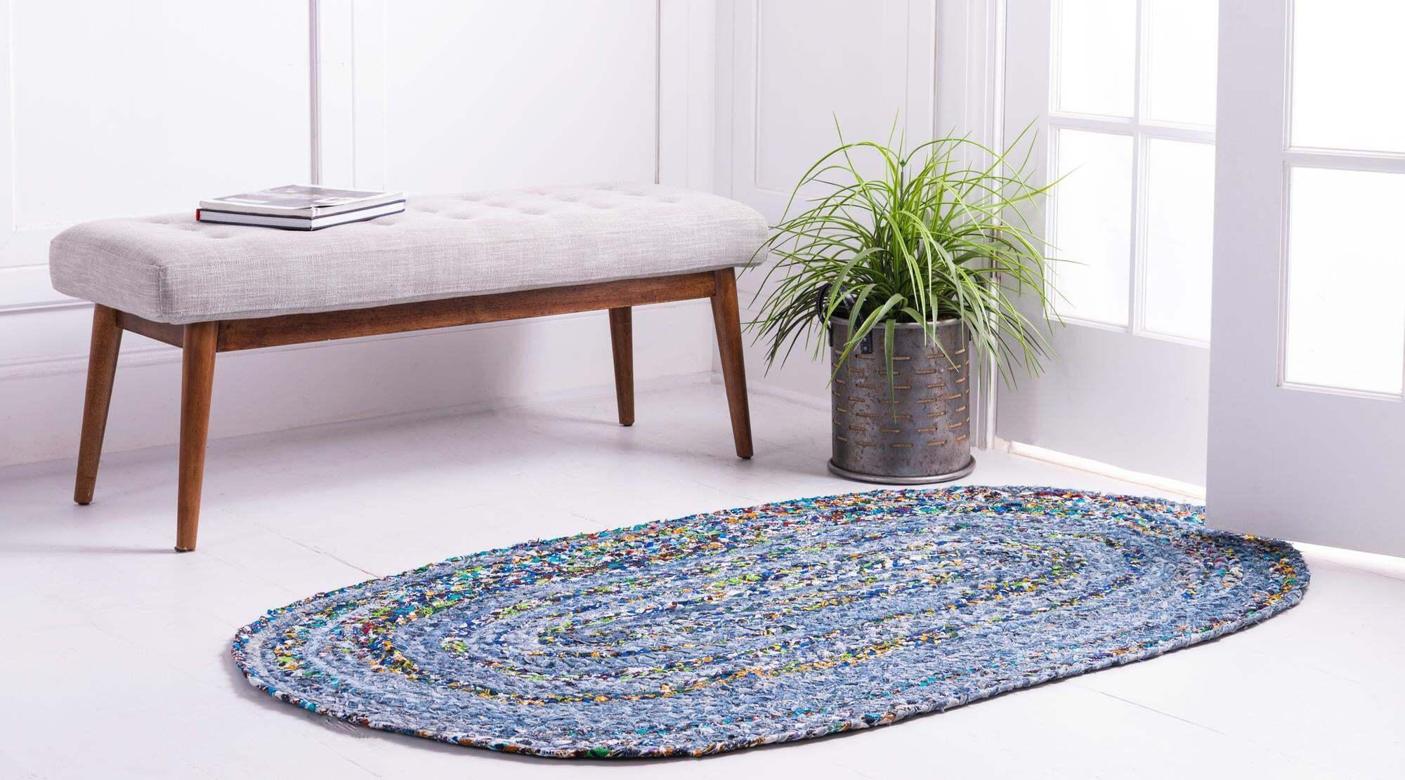 Unique Loom Indoor Rugs - Braided Chindi Abstract Oval 8x10 Oval Rug Blue & Multi