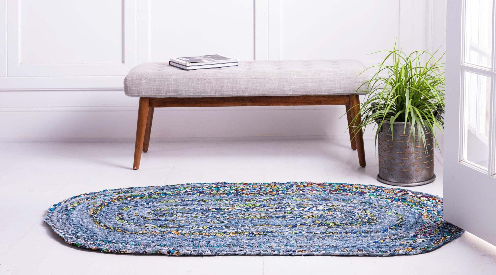 Unique Loom Indoor Rugs - Braided Chindi Abstract Oval 8x10 Oval Rug Blue & Multi