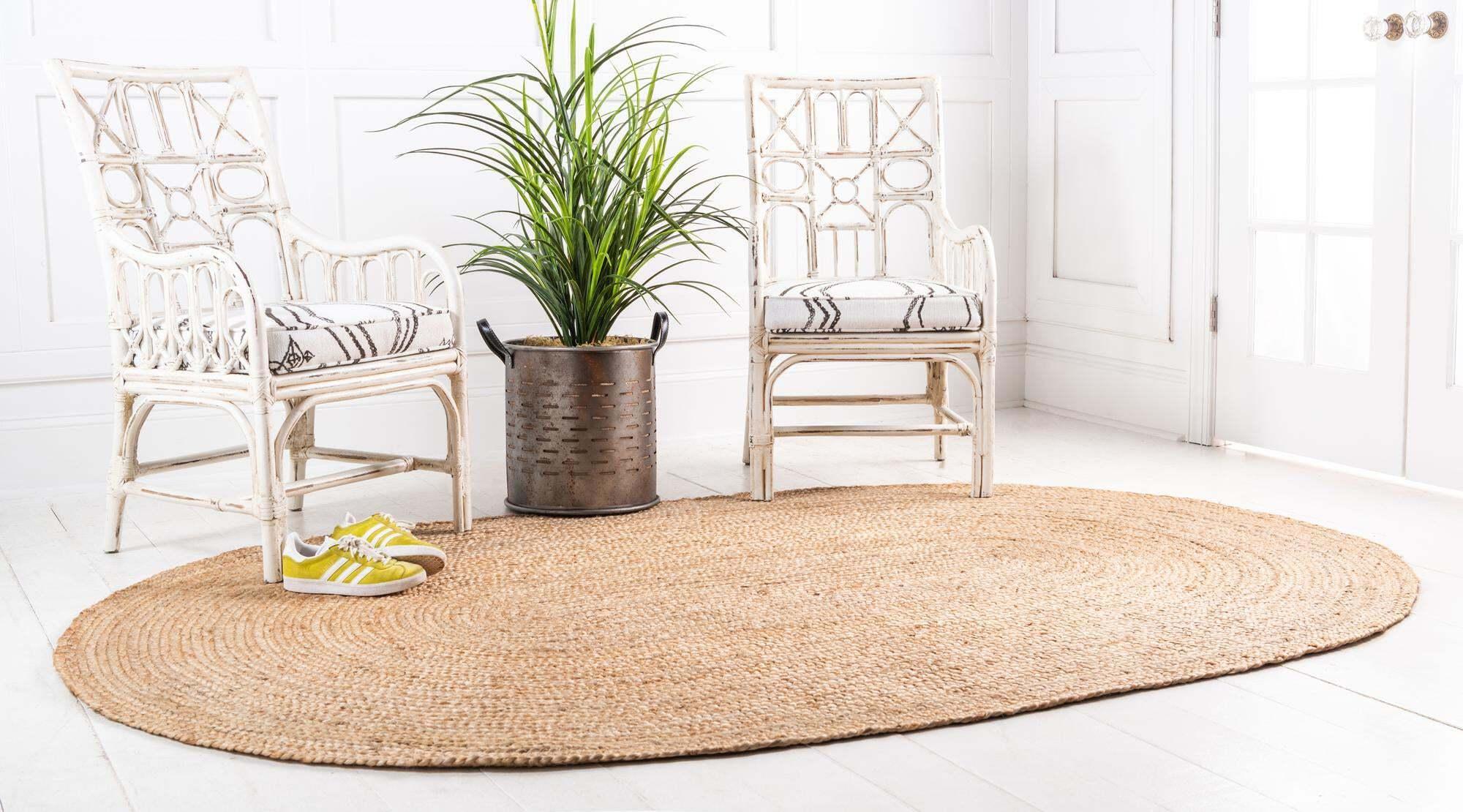 Unique Loom Indoor Rugs - Braided Jute Solid Oval 8x10 Oval Rug Natural