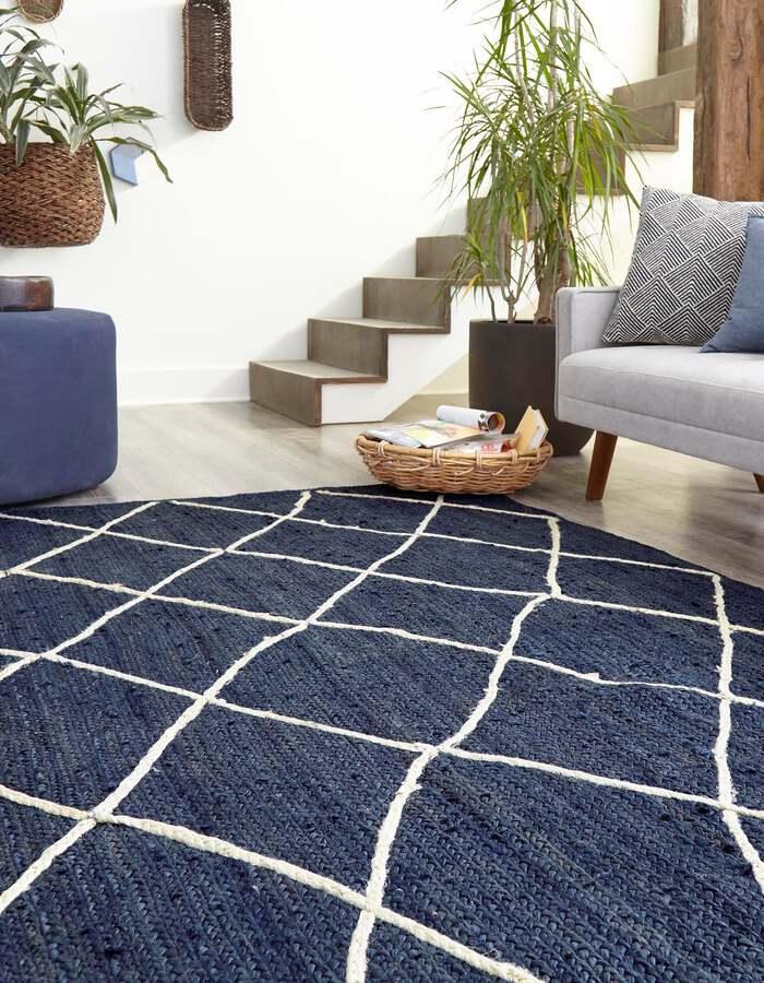 Unique Loom Indoor Rugs - Braided Jute Trellis 9x12 Rectangular Rug Navy Blue