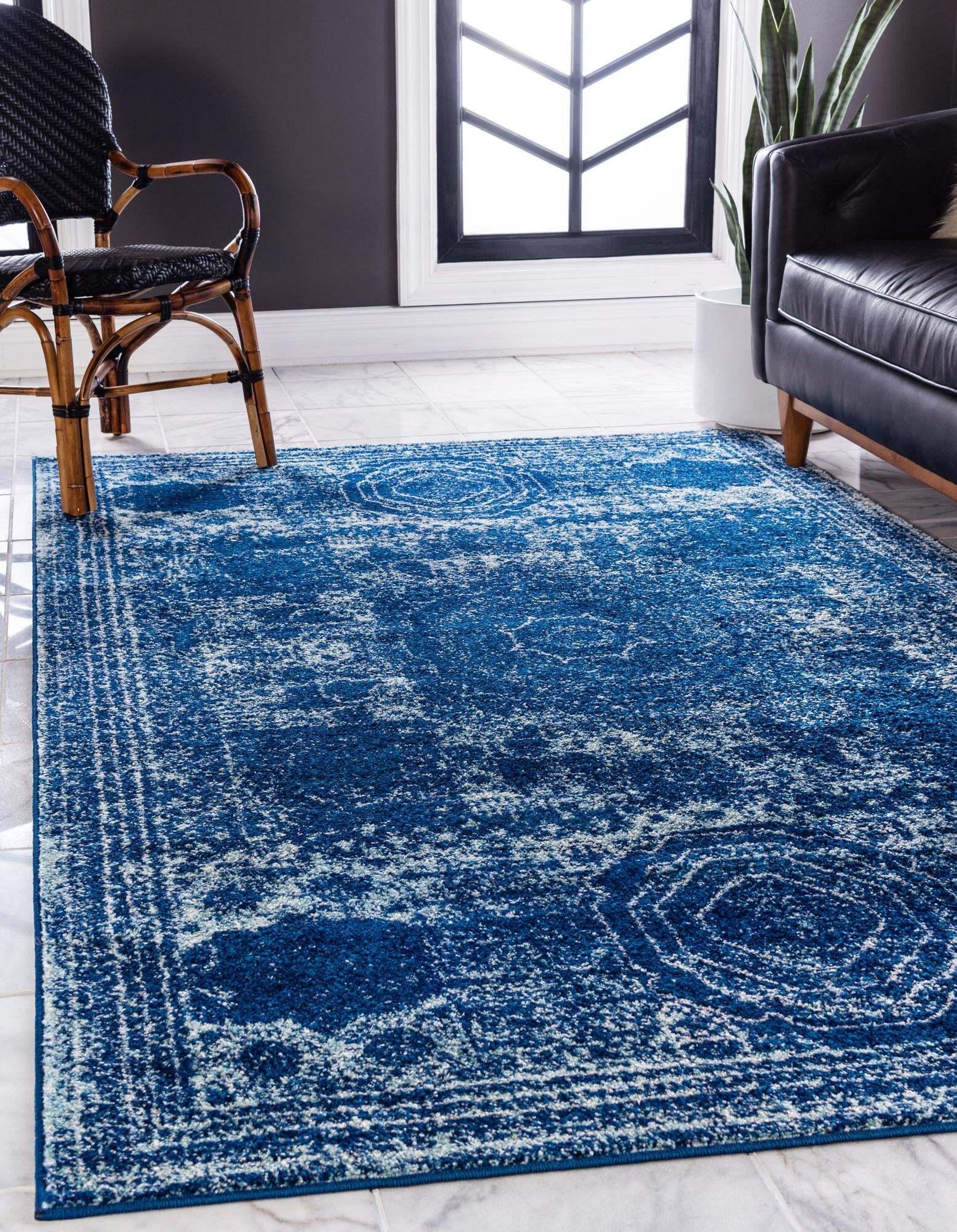 Unique Loom Indoor Rugs - Bromley Border Rectangular 8x10 Rug Navy Blue & Ivory