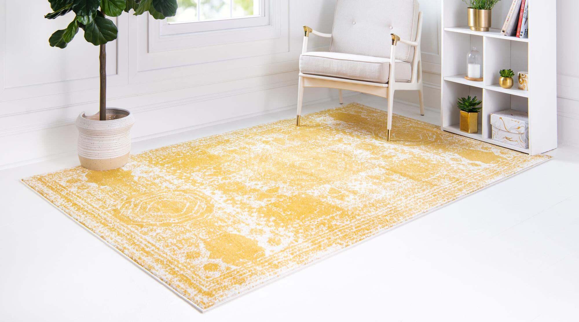 Unique Loom Indoor Rugs - Bromley Border Rectangular 8x10 Rug Yellow & Ivory