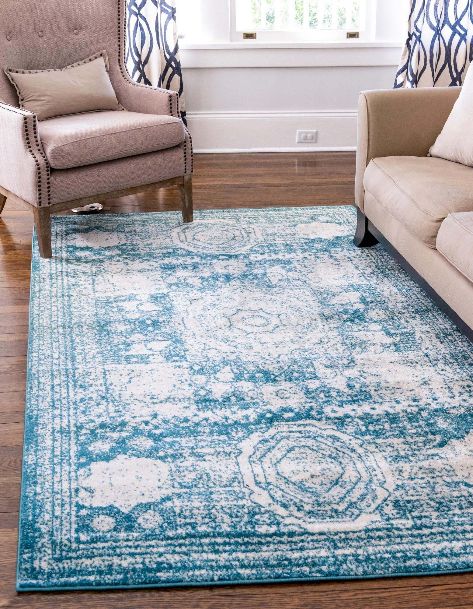 Unique Loom Indoor Rugs - Bromley Border Rectangular 9x12 Rug Turquoise & Ivory