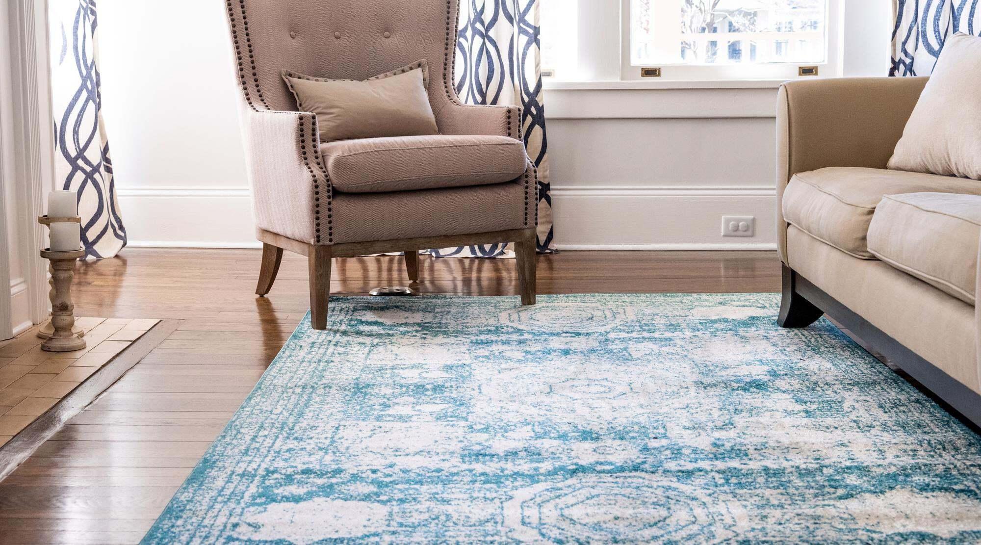 Unique Loom Indoor Rugs - Bromley Border Rectangular 9x12 Rug Turquoise & Ivory