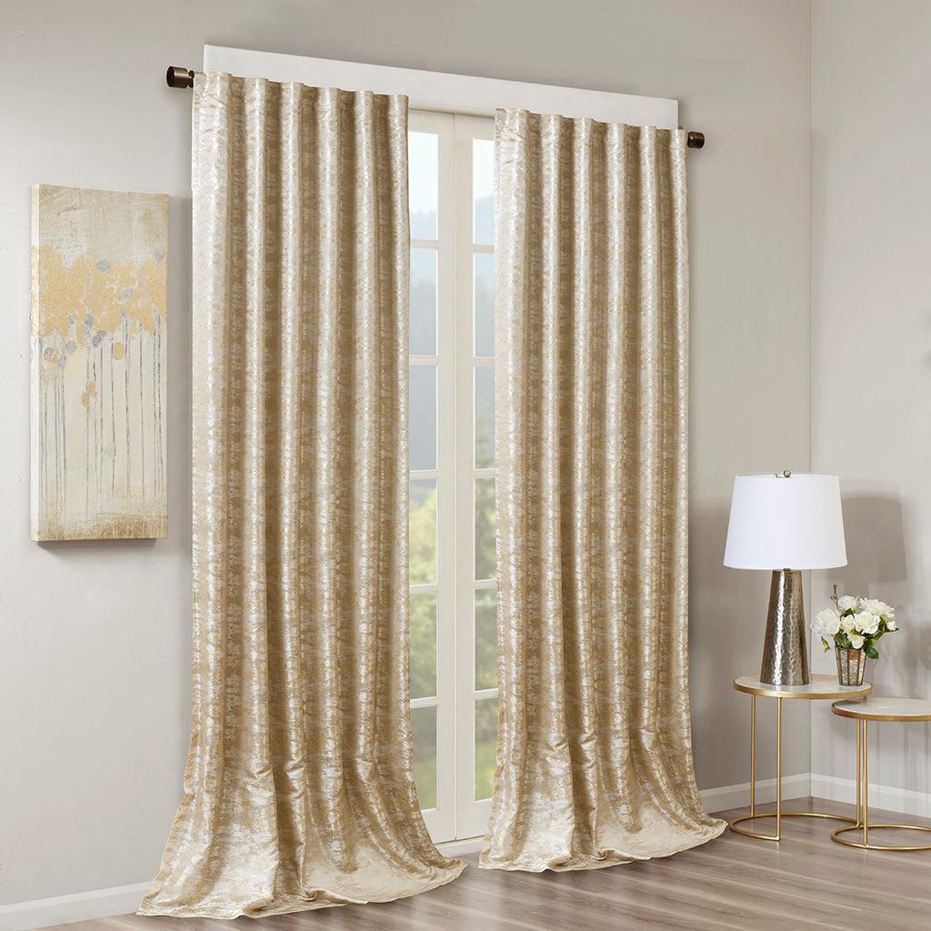 Olliix.com Curtains - Cassius 84 H Marble Jacquard Total Blackout Rod Pocket/Back Tab Curtain Panel Gold