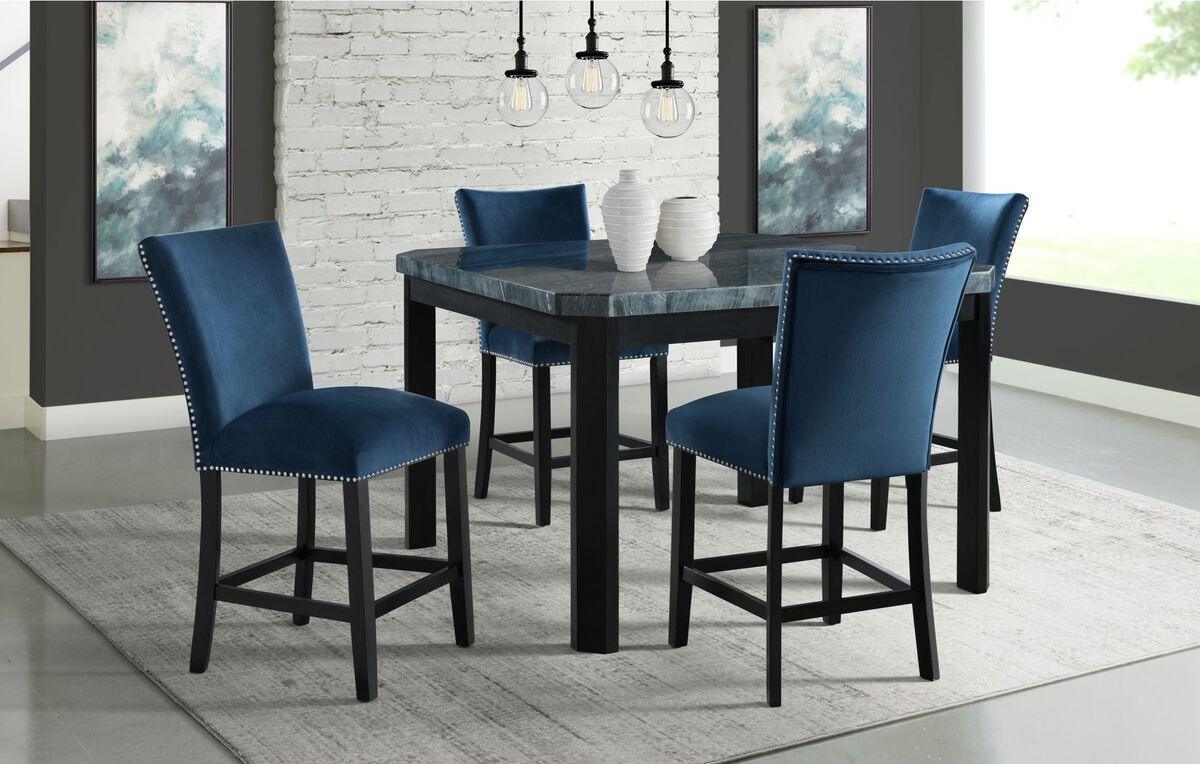 Elements Dining Sets - Celine Square 5 Piece Counter Dining Set- Table & Four Blue Velvet Chairs